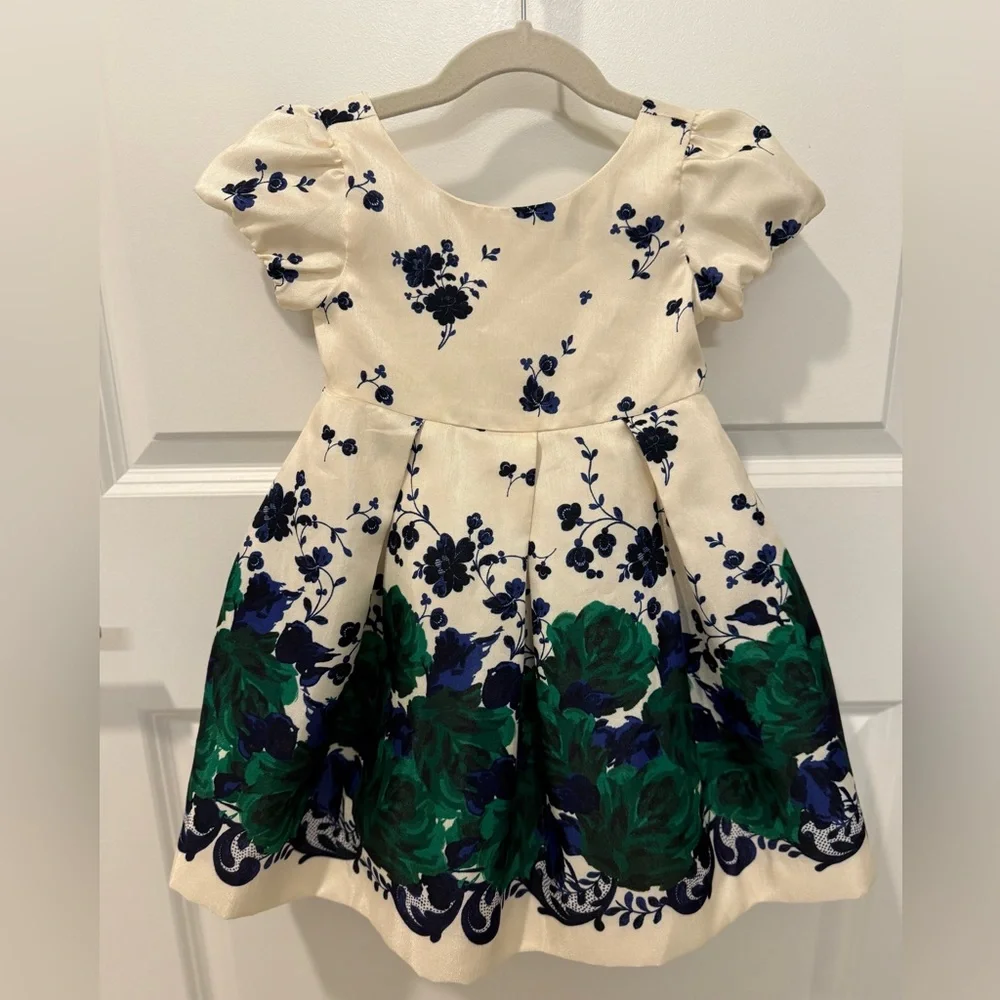 Janie & Jack Ivory Blue & Green Floral Special Occasion Dress | Size 18 - 24 Mon